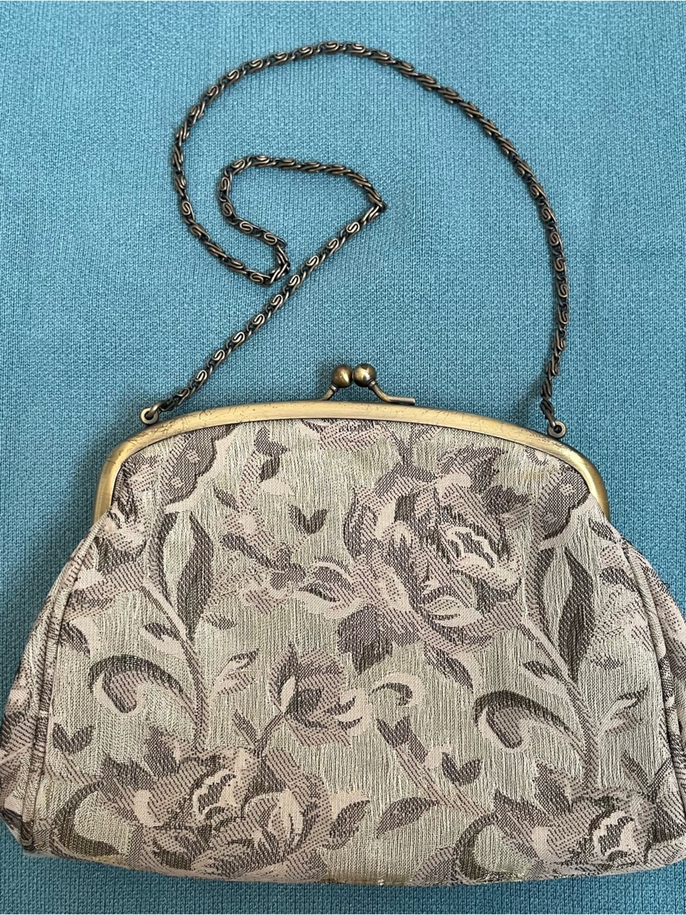 Hillard & Hanson Floral Jacquard Mini Frame Bag in Cream and Brown